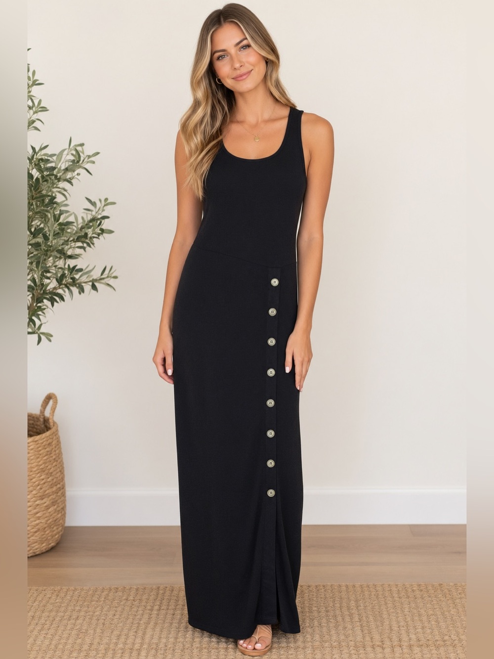 Hem & Thread Women’s Black Sleeveless Button-Front Knit Maxi Dress